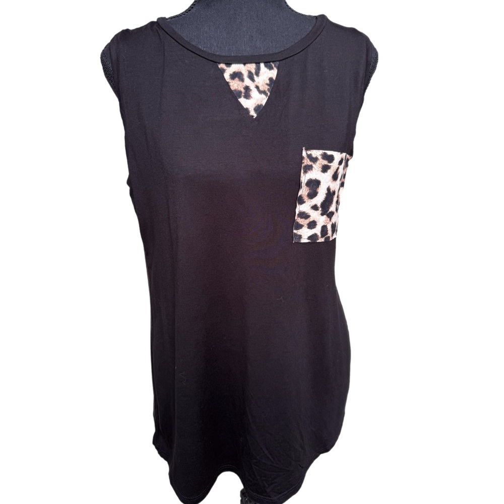 Black Leopard Print Peekaboo Back Tank Top L - Picture 2 of 11
